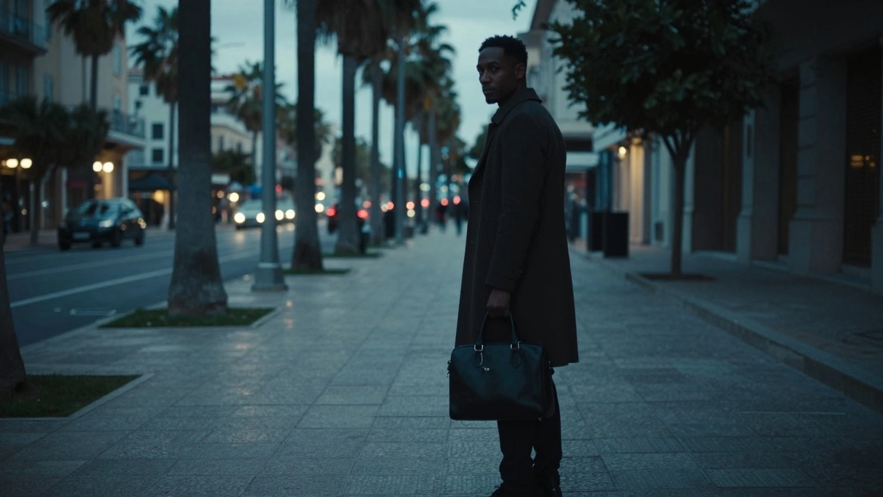 A lone figure in a coat on a quiet Cannes street, glancing back under soft evening light.