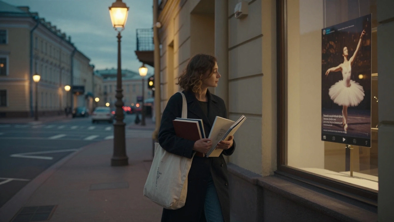 A woman walking at dusk in Saint Petersburg, carrying books, her reflection visible in a shop window.