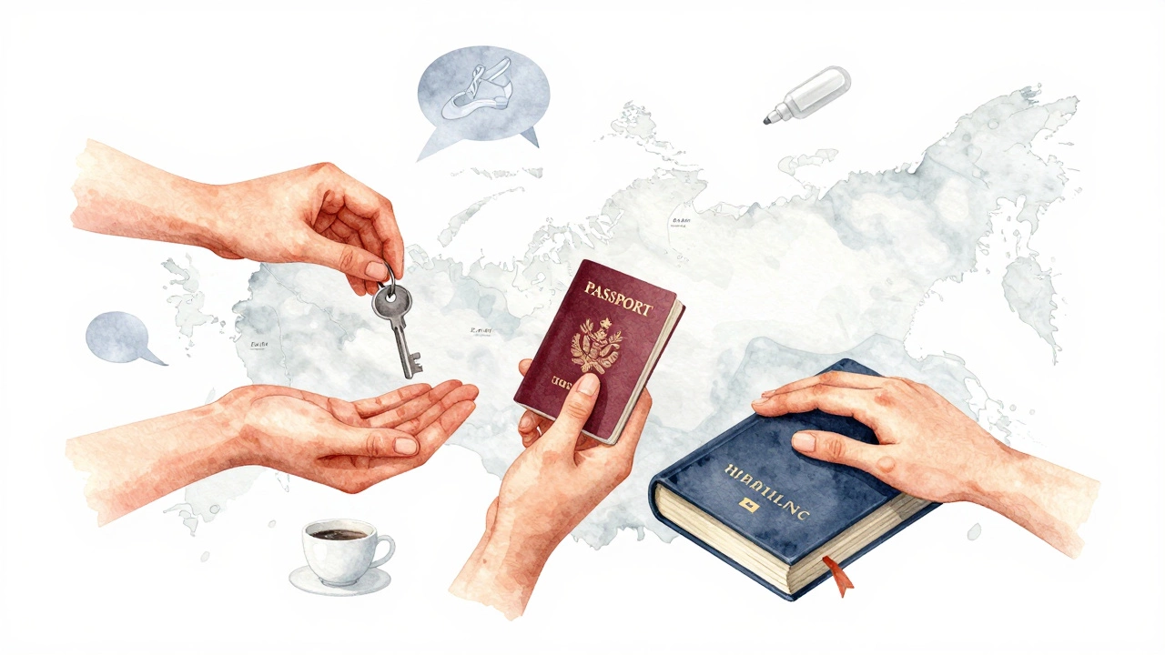 Three hands symbolizing freedom, mobility, and education, floating above a map of Russia.