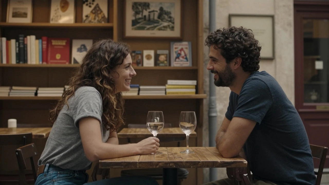 Two people share a quiet moment in a cozy Avignon café, wine glasses and books on the table.